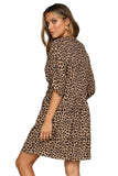 Leopard Print V Neck Button Half Sleeves Swing Dress