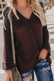 Red Textured V Neck Pullover Sweater