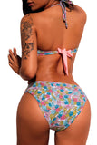 Pink Ribbon Detail Tropical Print Bikini Swimsuit