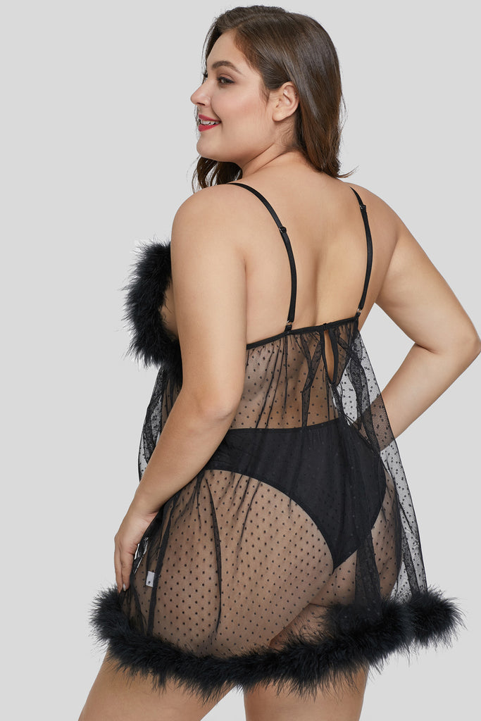 Black Marabou Cup Dotted Pattern Plus Size Babydoll