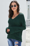 Green Textured V Neck Pullover Sweater