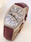 Women's Watch vintage wine barrel shape full rhinestone dial leather strap elegant watch