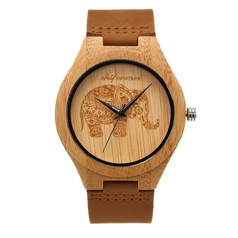 Elephant Pattern Dial Women's Wooden Watch