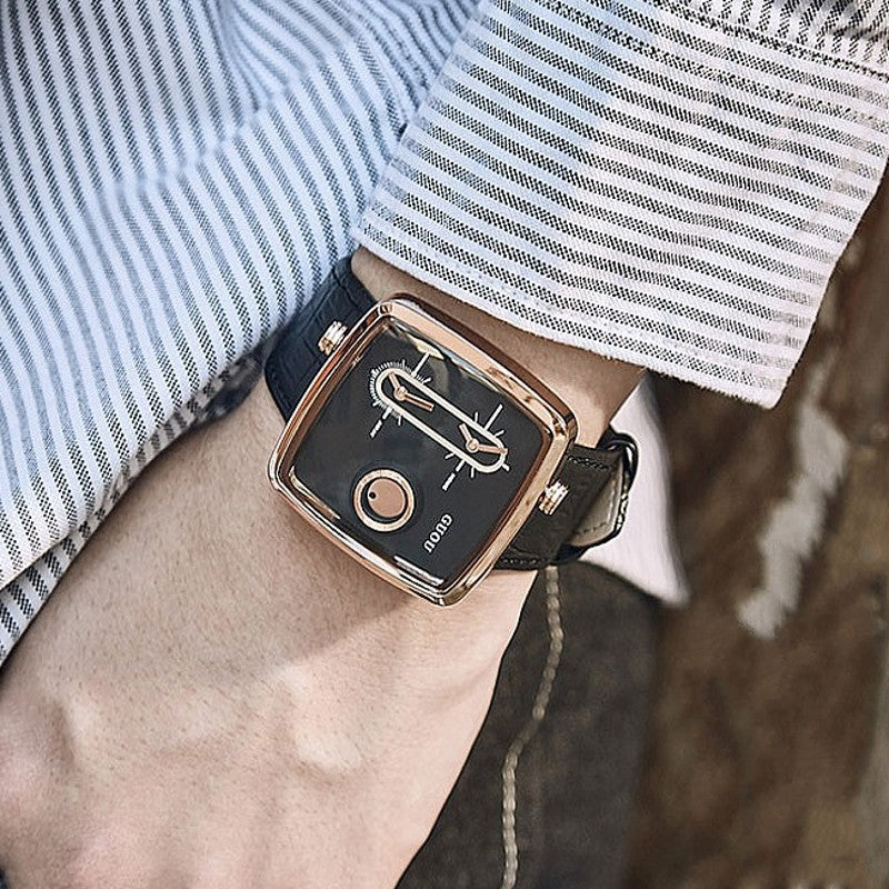 Men's Watch square pattern double time zone dial leather strap fashion quartz watch
