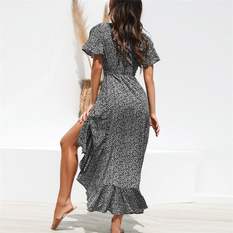 Sexy V-neck irregular high waist lace up Chiffon Printed Dress
