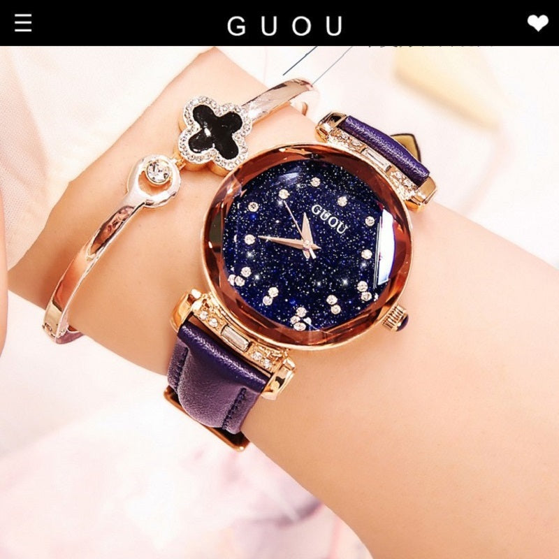 Women's Watch Full of Shining Stars Pattern large dial leather strap elegant watch