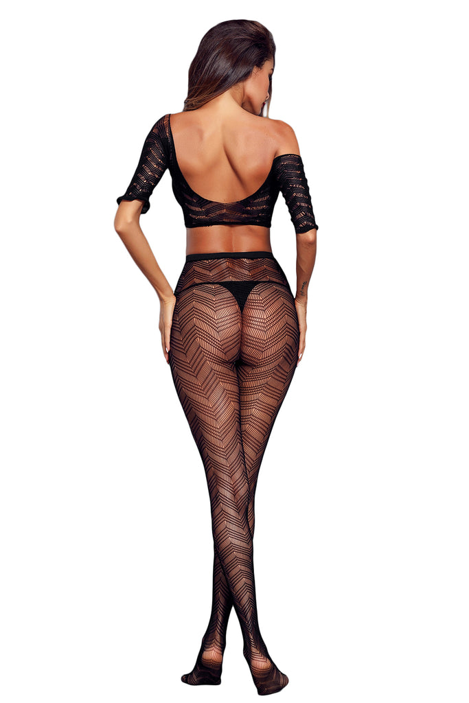 Black Sheer Mesh Zigzag Crop Top Lingerie and Tights