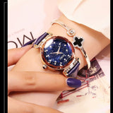 Women's Watch Full of Shining Stars Pattern large dial leather strap elegant watch
