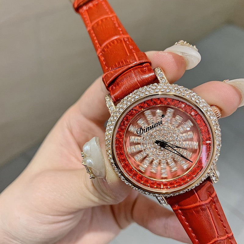Snowflake Pattern Diamond Women's Leather Watch