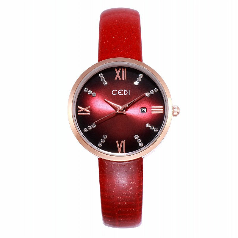 Round Dial With Calendar Leather Strap Women's Watch