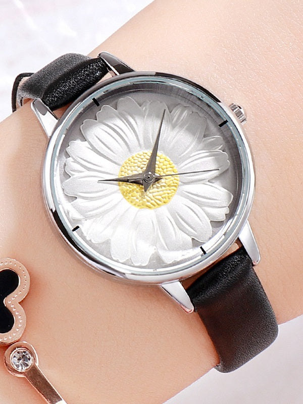 Women's Watch Flower Pattern Round dial leather strap elegant watch