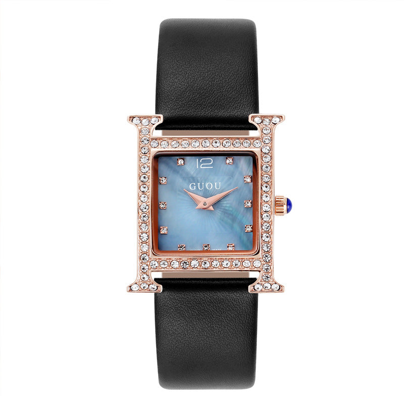 Women's Watch square pattern with diamond dial leather strap elegant watch