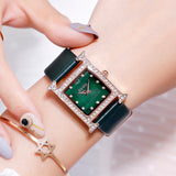 Women's Watch square pattern with diamond dial leather strap elegant watch