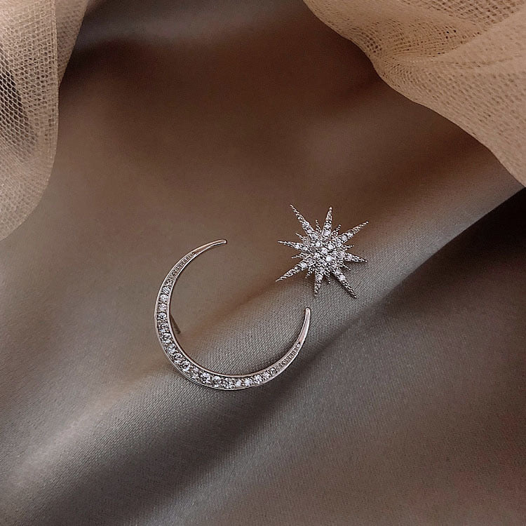 Fashionable and simple S925 silver needle asymmetric full Diamond Star Moon Earrings