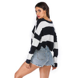 V-neck Black&White Stripe Loose Sweater
