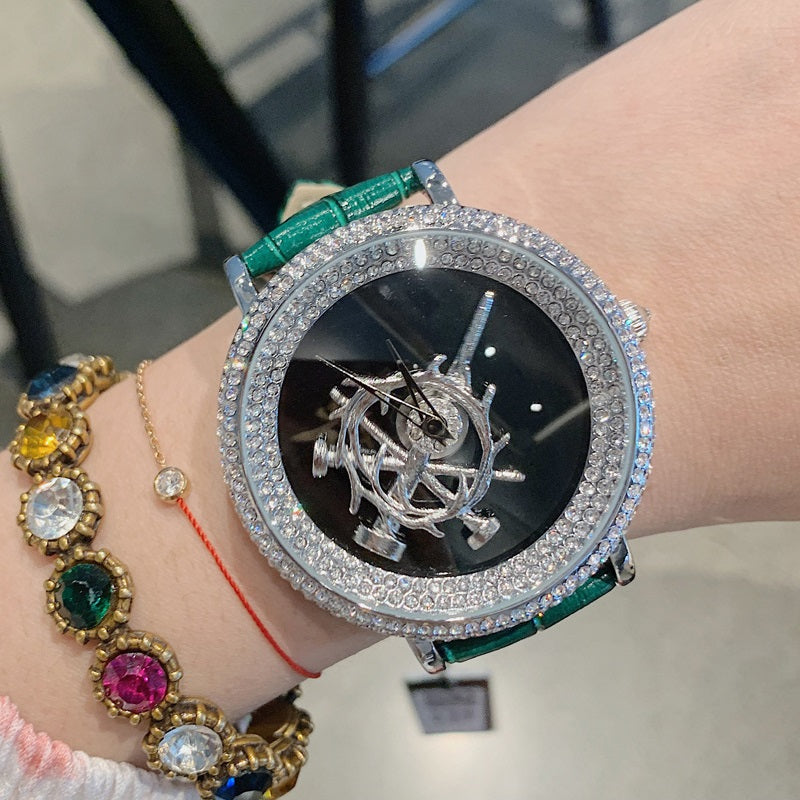 Women's Watch sword pattern black diamond large dial leather strap simple watch