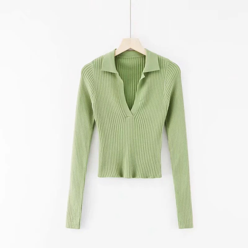 Simple lapel trim long-sleeved knit sweater bottomed bottom shirt with top girl