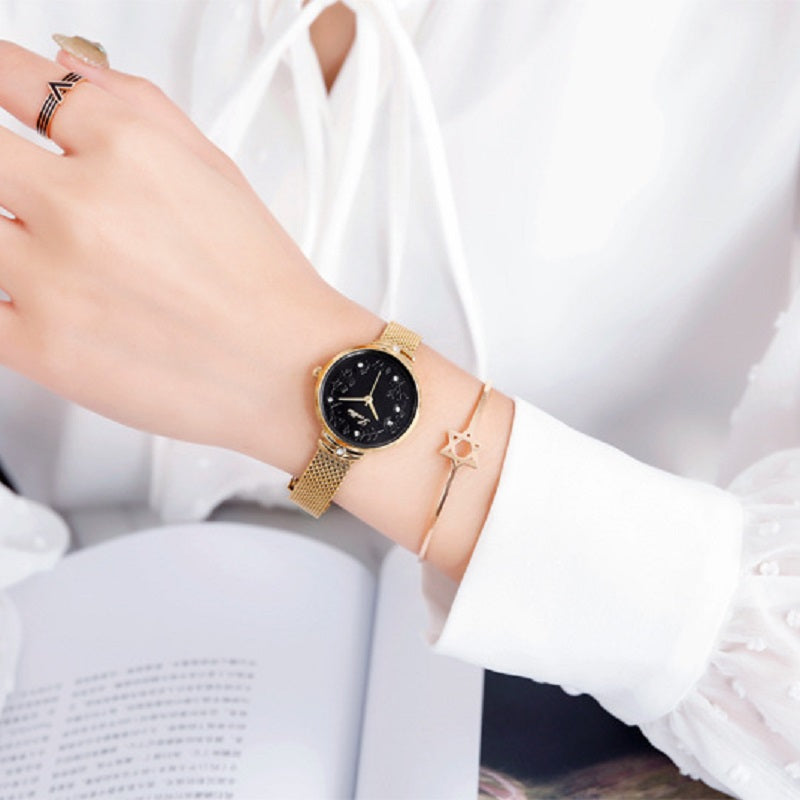 Women's Watch Rose gold printed Diamond-inlaid dial milan strap elegant watch