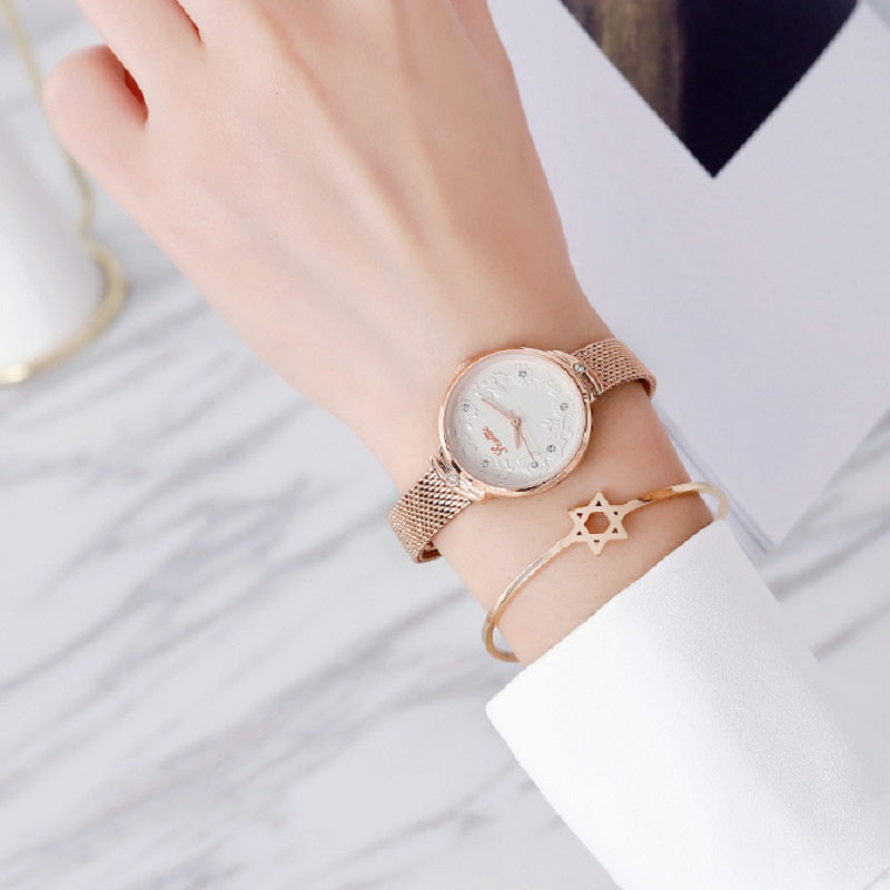 Women's Watch Rose gold printed Diamond-inlaid dial milan strap elegant watch