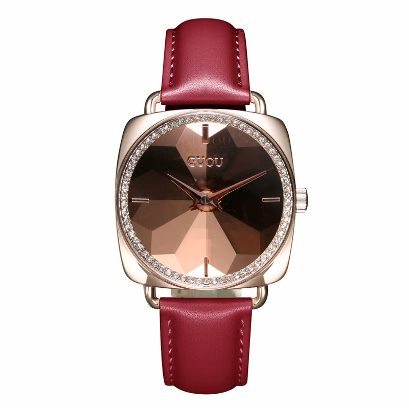 Women's Watch square rose gold diamond petals pattern dial leather strap stylish watch