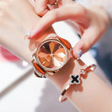 Women's Watch square rose gold diamond petals pattern dial leather strap stylish watch