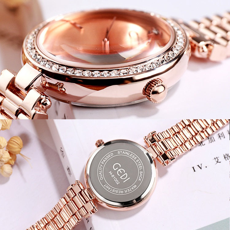Delicate diamond-encrusted steel with quartz watch