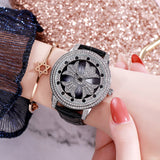 Rotatable Dial Leather Strap Women's Watch