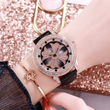 Rotatable Dial Leather Strap Women's Watch