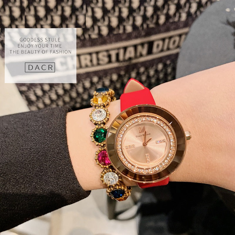 Rhinestone-studded Leather Strap Women's Watch