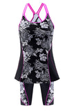 flower design suspender vest Capris split Plus Size Swimsuit