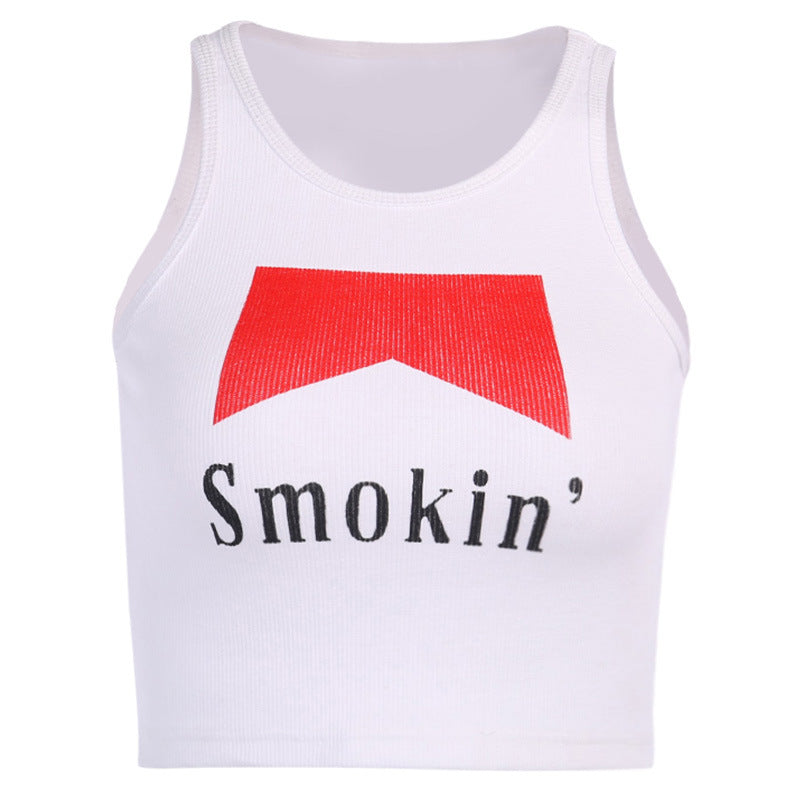 Letter print body revealing the chest exposed umbilical cord neck short vest top female wear