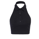 Solid-colored lapel stylish open umbilical top female bare-back small vest