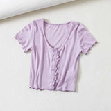 Knitted short-sleeved T-shirt women's summer European and American single-sleeve D-neck wood-eared cardigan top