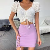 Open navel drawcord lace up sexy retro bubble sleeve women's T-shirt short sleeve top