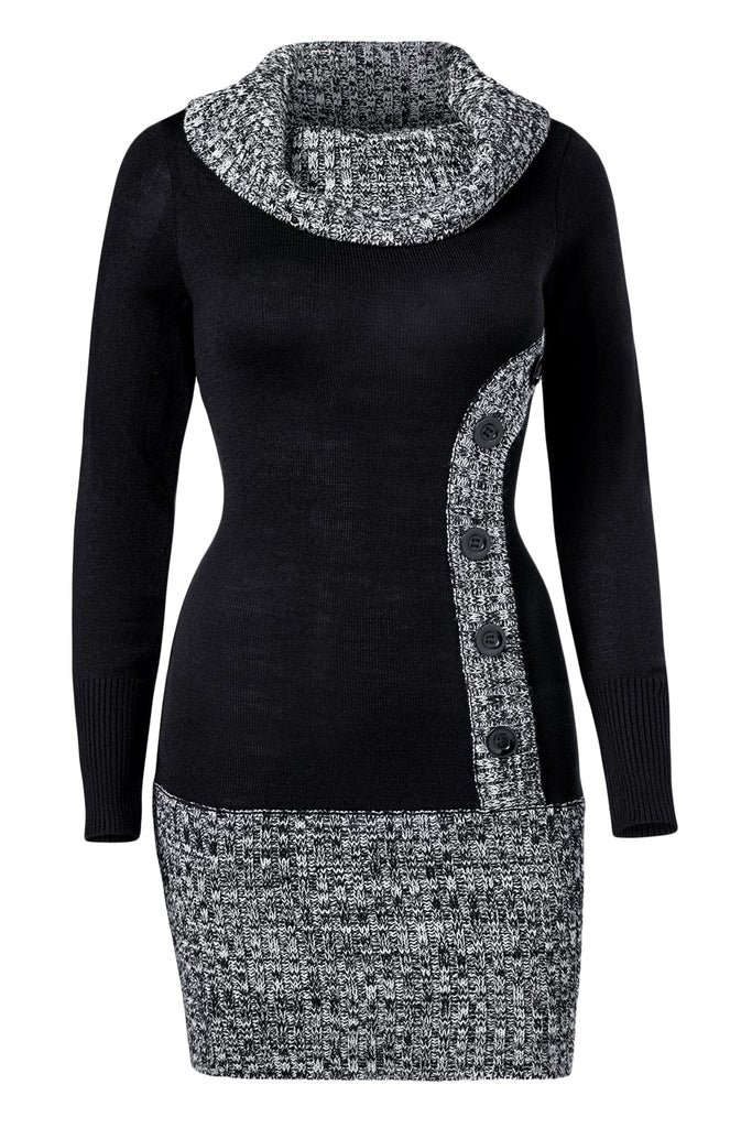 Black Gray Button Front Sweater Dress