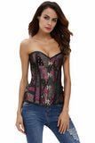 Leather Trim Lace Up Brocade Corset with Thong