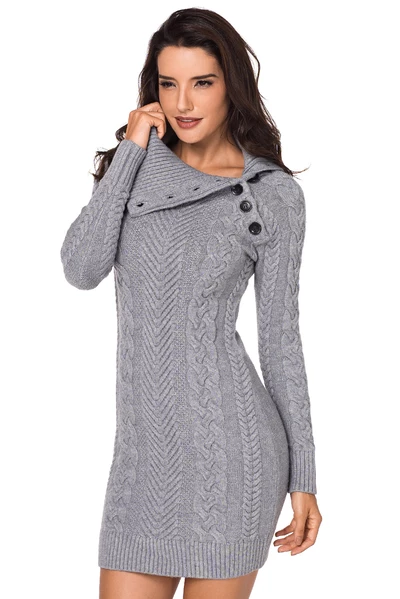 Asymmetric Buttoned Collar Bodycon Sweater Dress