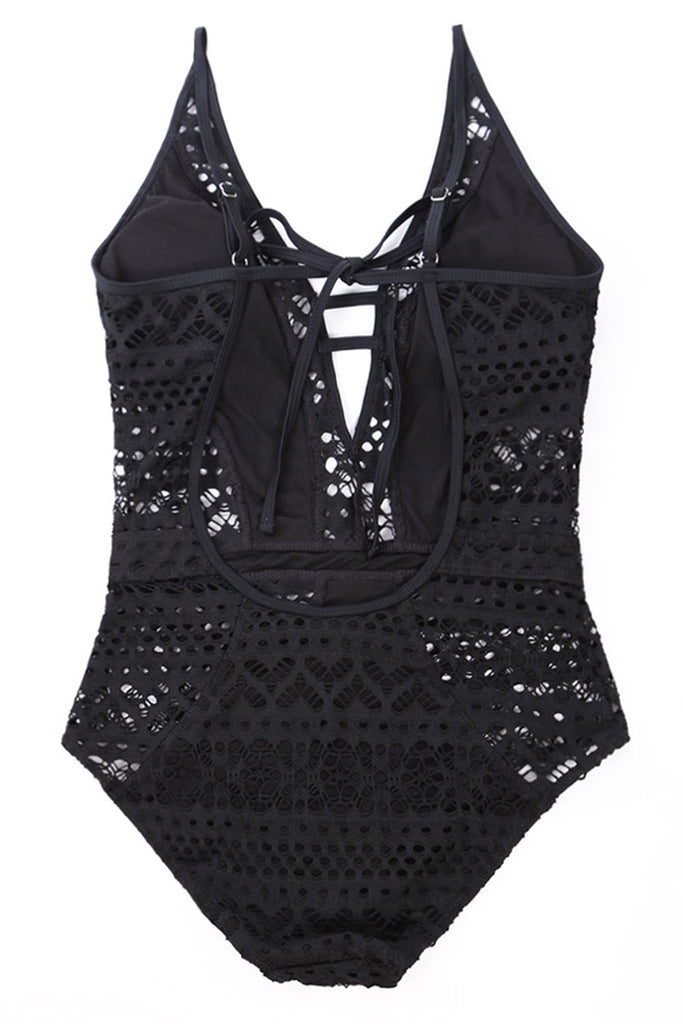 Black Lace Hollow Out Padded Maillot Swimsuit