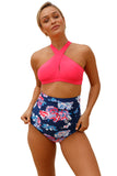 Pink Cross Front Bikini Vintage Floral High Waist Swimsuit