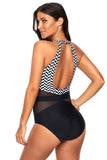 Black White Marble Bodice Cut out Back Maillot