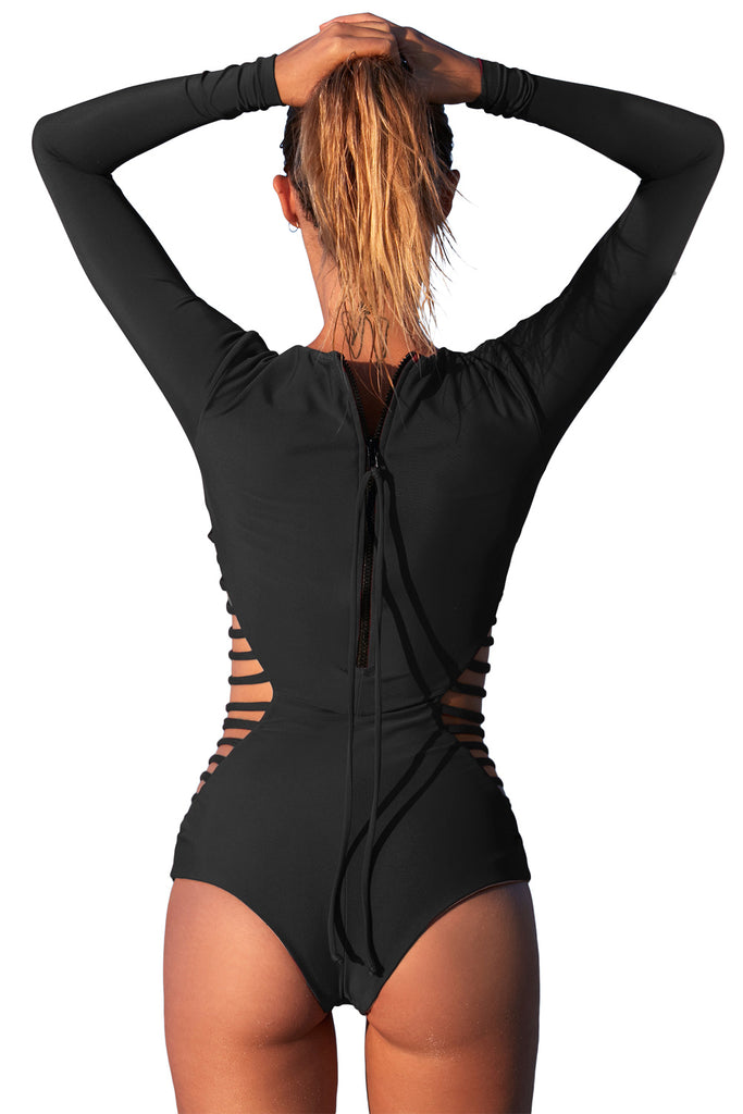 Black Long Sleeve Strappy Hollow-out One-piece Surf Swimsuit