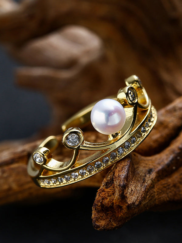 Insert Pearl Crown Pattern Opening Ring