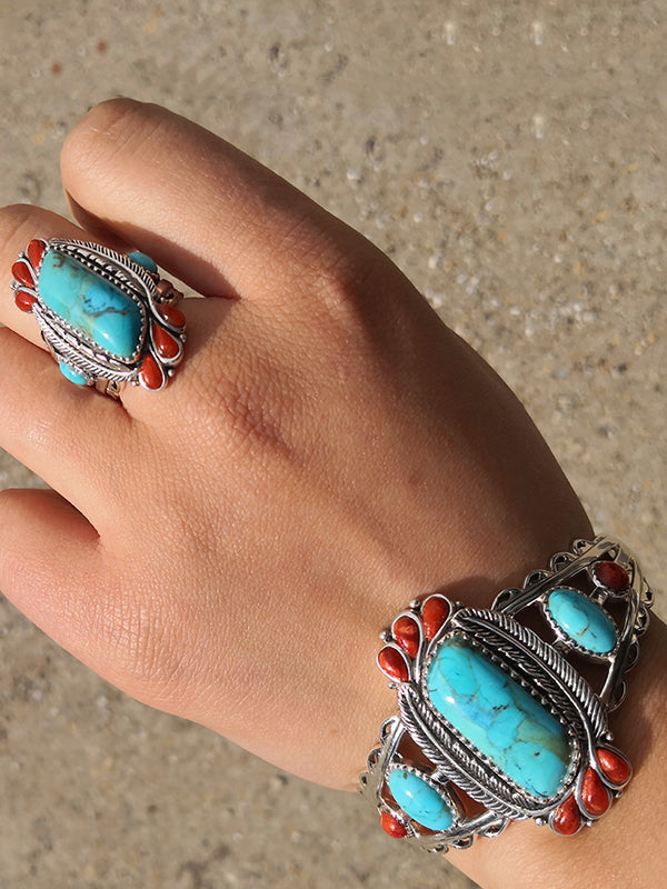 Natural Blue Turquoise&Red Coral Ring