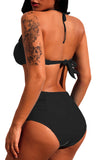 Black Subtle Ruched Halter Bikini High Waist Swimsuit