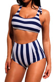 Navy Striped Tie Shoulder 2pcs High Waist Swimsuit
