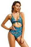 Leafy Print Cutout Tie Front Maillot Swimsuit