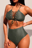Dark Olive Lace-up Detail Ribbed High Waist Swimsuit