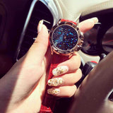 Carved Blue Starry Leather Strap Women's Watch