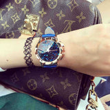 Carved Blue Starry Leather Strap Women's Watch