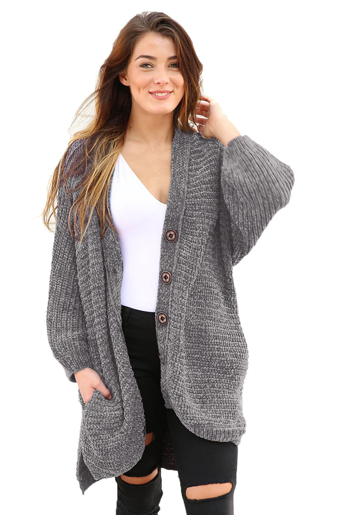 Gray Chenille Buttoned Sweater Cardigan